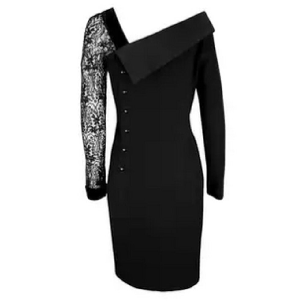 GIANNI VERSACE Women's Asymmetric Lace Sleeve Cocktail Dress Size 40 In Black